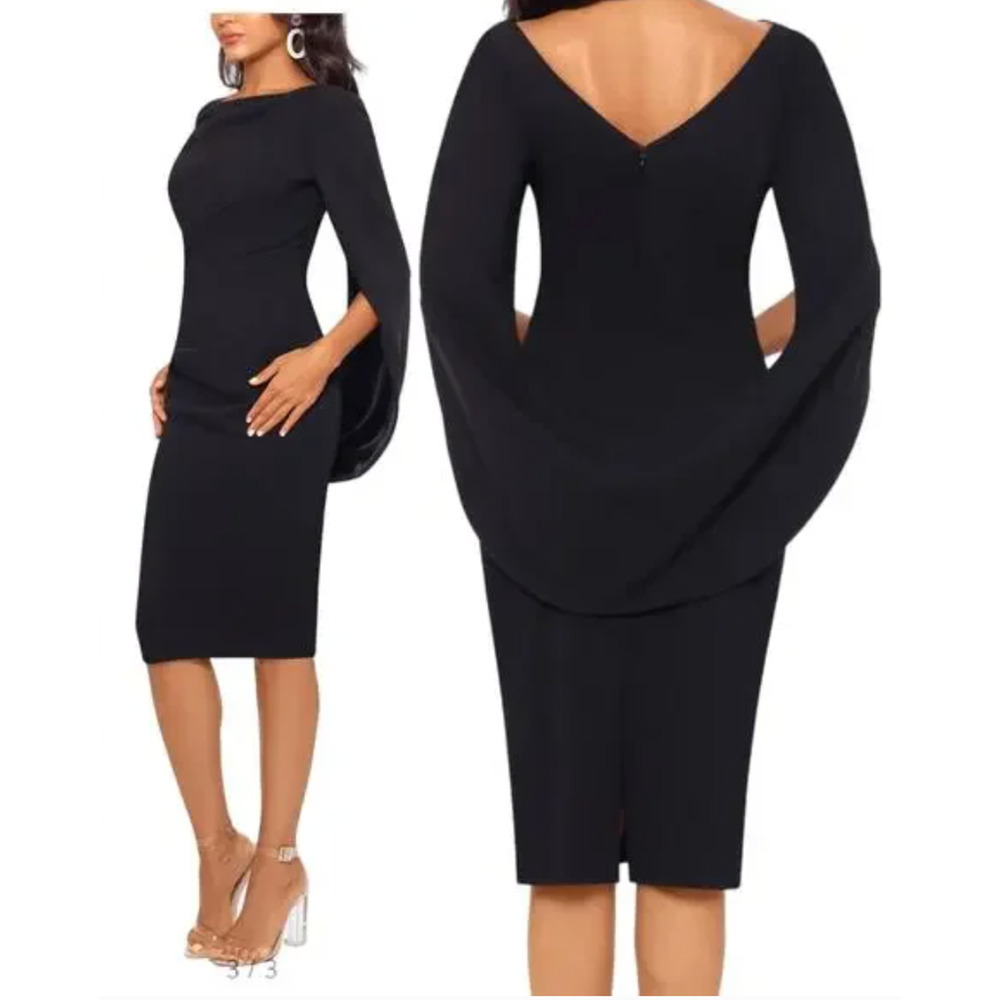 Nwt Betsy & Adam Cape Sleeve Crepe Sheath Cocktail Dress Women's Black Size 10